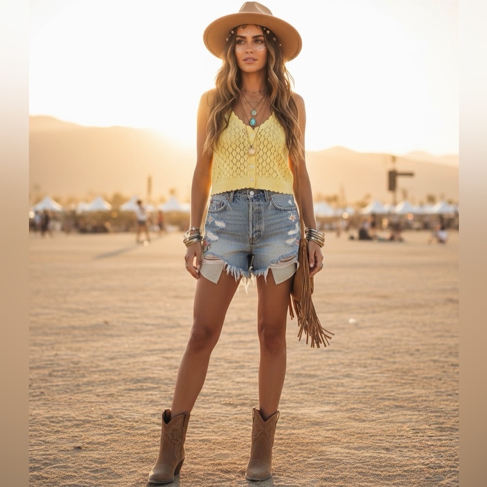 Loft Lemon Yellow Crochet Button-Front Knit Tank Coachella Boho Scalloped M